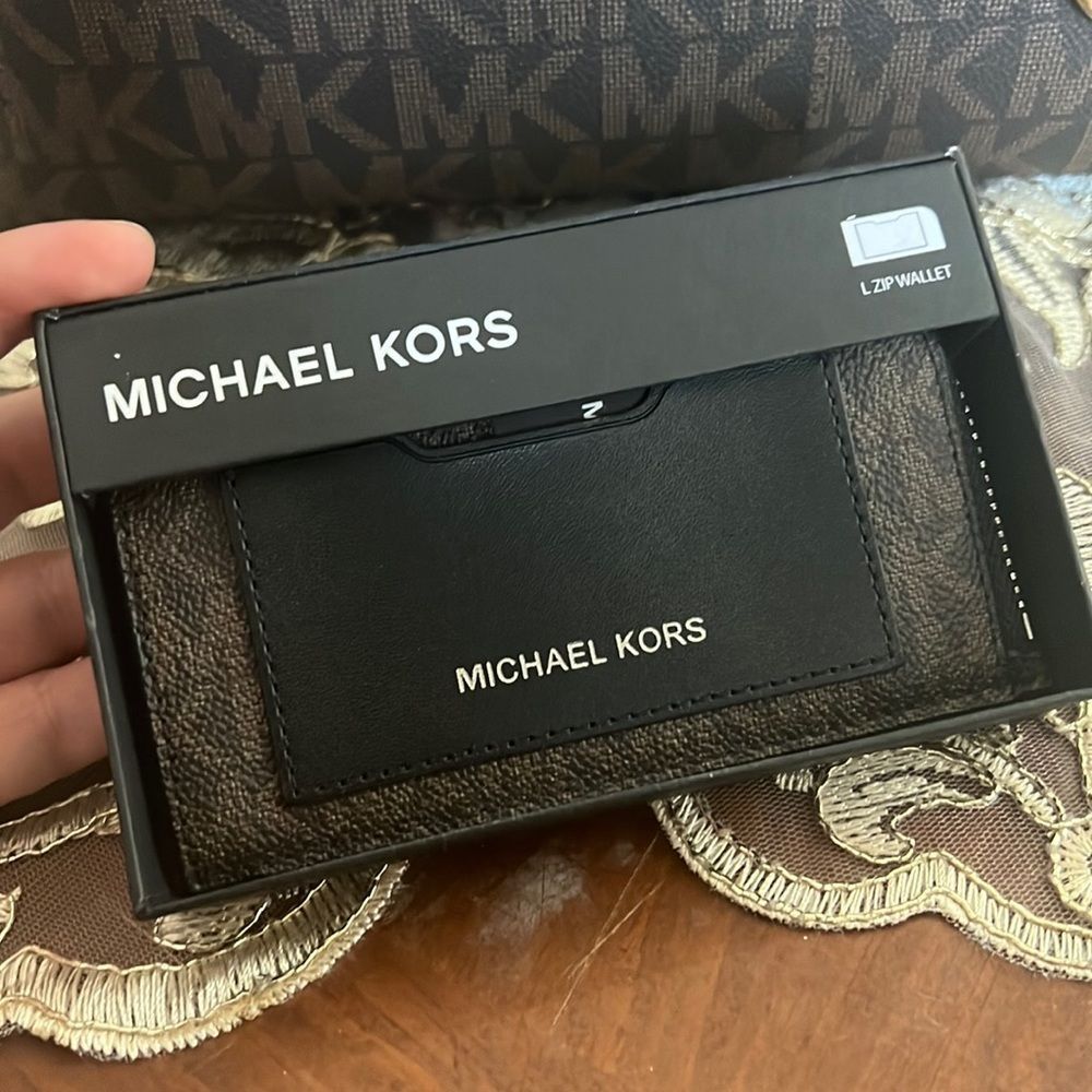 Michael Kors Logo L-Zip Around Mini Wallet- Black Canvas